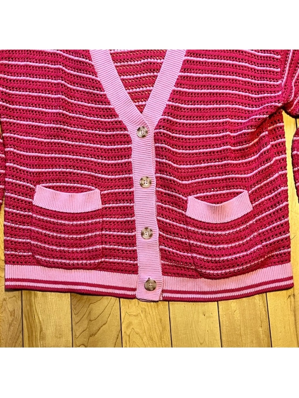 Beach Riot Gene Open Knit Cotton Cardigan Pink Striped size large - Picture 3 of 8